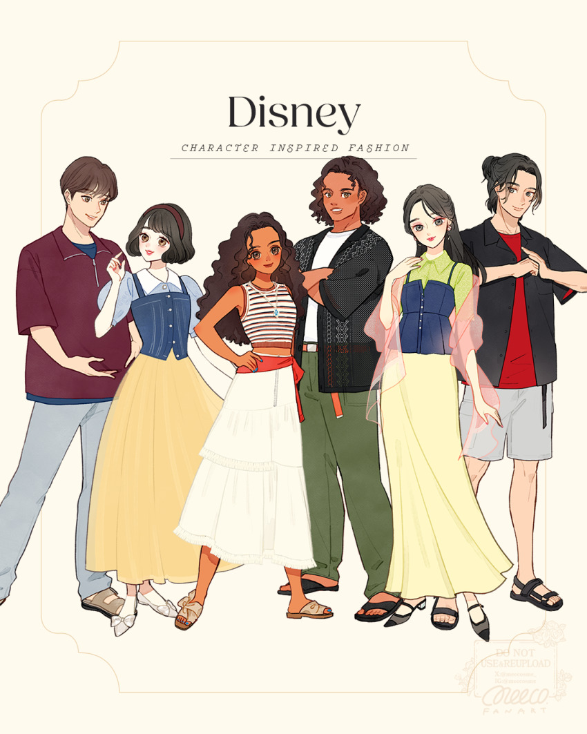 3boys 3girls animification asian black_hair brown_eyes company_connection contemporary disney disney_princess fa_mulan_(disney) highres li_shang_(disney) long_hair looking_at_viewer makeup maui_(moana) meecosme moana_(movie) mulan_(movie) multiple_boys multiple_girls short_hair simple_background smile snow_white_(disney) snow_white_and_the_seven_dwarfs_(disney) the_prince_(disney)
