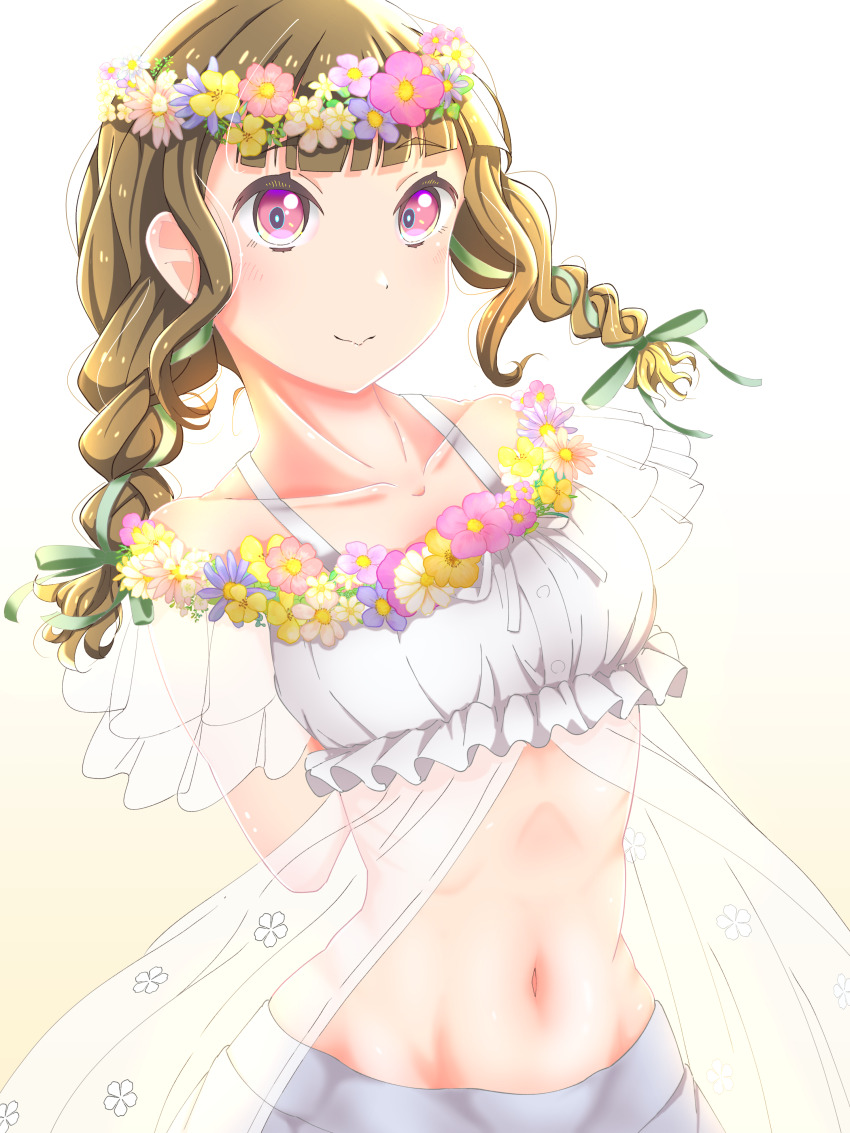 1girl absurdres arms_behind_back bare_shoulders bikini blunt_bangs blush braid breasts center-flap_bangs closed_mouth collarbone commentary_request flower flower-trimmed_bikini flower_wreath frilled_bikini frills gradient_background green_ribbon hair_ribbon her-bath-rium highres kachimachi_kosuzu link!_like!_love_live! long_hair looking_at_viewer love_live! medium_breasts navel off-shoulder_bikini off_shoulder official_alternate_costume pink_eyes pink_flower purple_flower ribbon ribbon_braid shirane_nanimo simple_background smile solo stomach swimsuit upper_body virtual_youtuber white_background white_bikini white_flower yellow_background yellow_flower