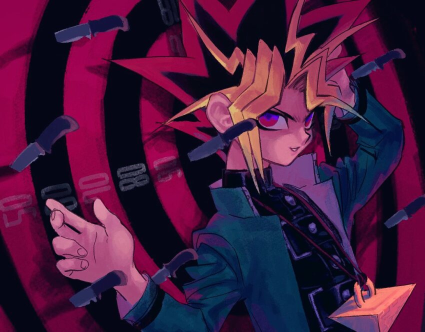 1boy black_hair black_shirt blonde_hair blue_jacket ckwb_ygo jacket knife male_focus medium_hair millennium_puzzle multicolored_hair purple_eyes purple_hair shirt solo spiked_hair upper_body yami_yugi yu-gi-oh! yu-gi-oh!_(toei) yu-gi-oh!_duel_monsters