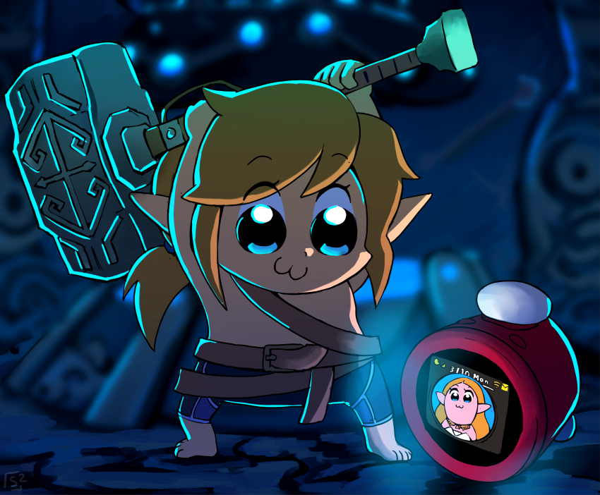 alarm_clock blonde_hair clock commentary english_commentary hammer highres holding holding_weapon link male_focus nintendo nintendo_alarmo poptepipic princess_zelda standing stoic_seraphim the_legend_of_zelda the_legend_of_zelda:_breath_of_the_wild underwear underwear_only weapon