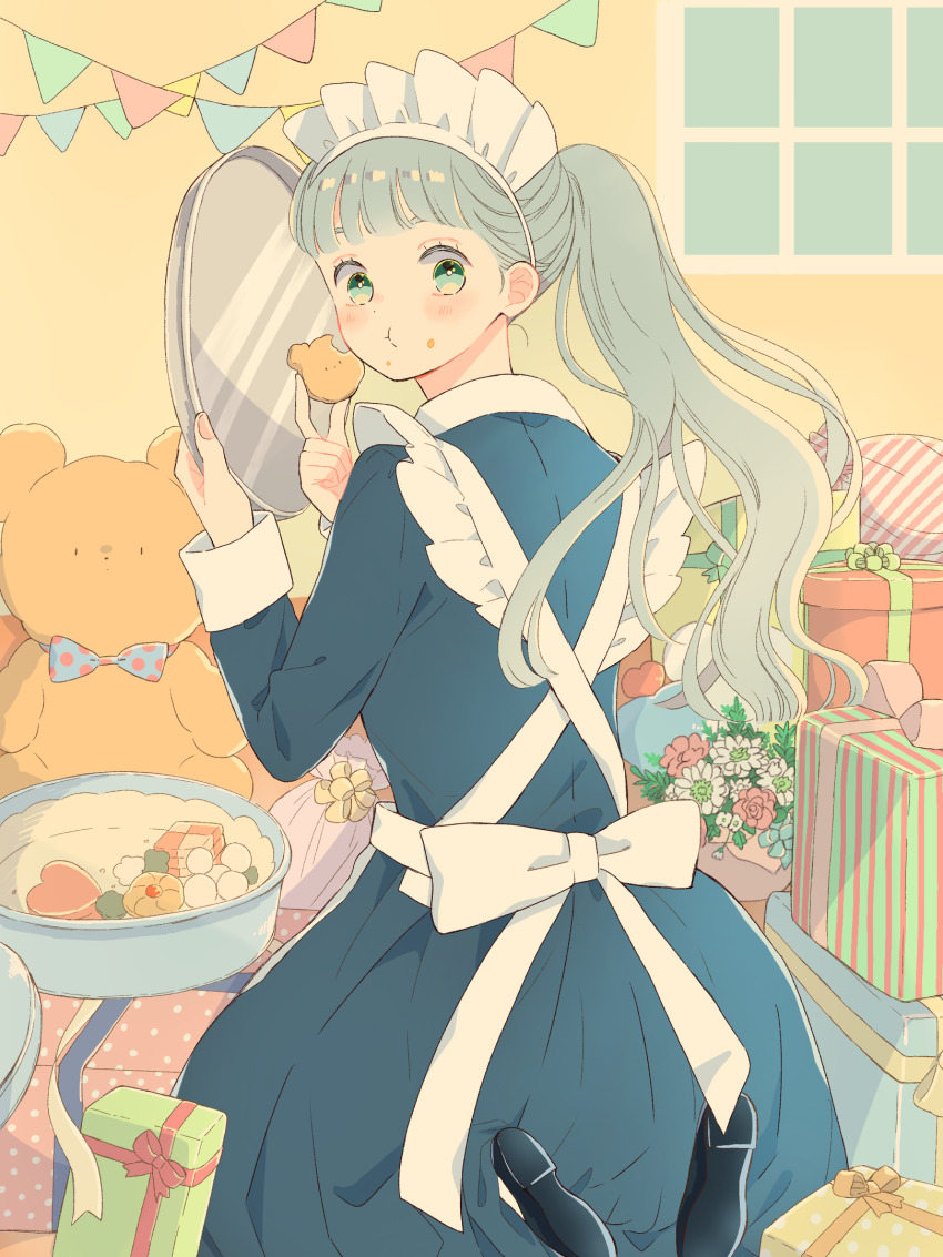 1girl black_shoes bow cookie eating flower food fumi_(pixiv23513263) gift green_eyes grey_hair highres holding holding_food long_hair long_sleeves looking_at_viewer looking_back maid maid_headdress original polka_dot_bowtie ponytail shoes sitting socks string_of_flags stuffed_animal stuffed_toy teddy_bear tray white_bow white_socks window