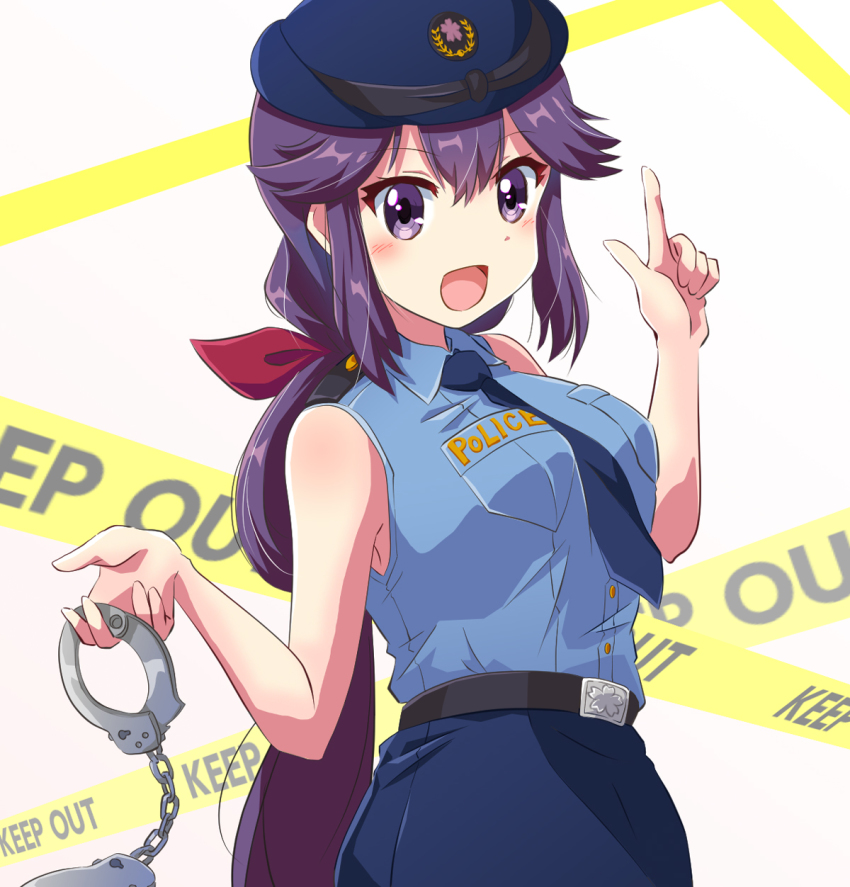 1girl :d bare_arms bare_shoulders black_necktie blue_shirt blue_skirt blush breasts collared_shirt cowboy_shot cuffs hair_flaps handcuffs hat highres holding holding_handcuffs index_finger_raised long_hair looking_at_viewer low_ponytail machikado_mazoku mature_female medium_breasts n88_colpla necktie open_mouth pencil_skirt police police_hat police_uniform policewoman ponytail purple_eyes purple_hair shirt skirt sleeveless sleeveless_shirt smile solo w_arms yoshida_seiko