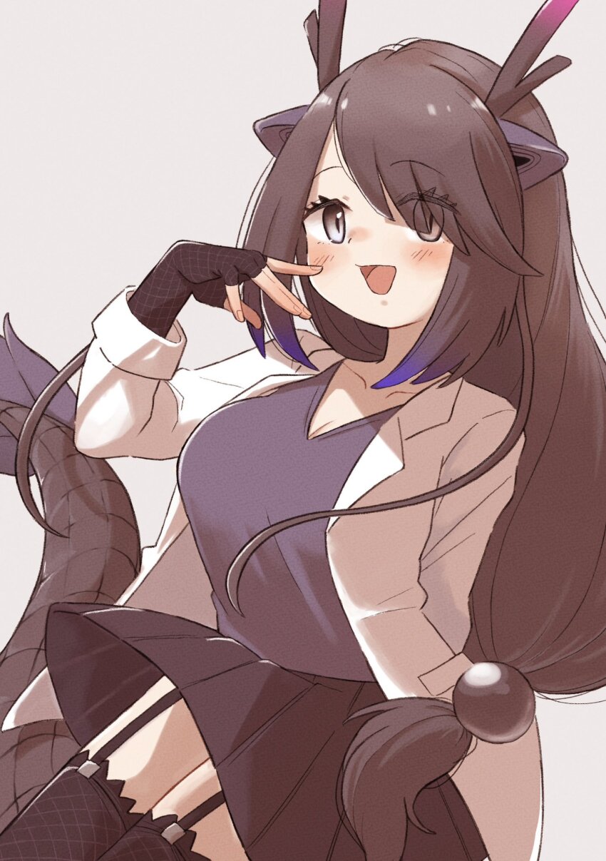 0nanaten 1girl animal_ears black_dragon_(kemono_friends) black_hair black_skirt black_thighhighs blue_hair blue_shirt blush commission dragon_ears dragon_girl dragon_horns dragon_tail elbow_gloves fingerless_gloves fishnet_gloves fishnet_thighhighs fishnets garter_straps gloves grey_eyes hair_over_one_eye highres horns jacket kemono_friends lab_coat long_hair long_sleeves looking_at_viewer multicolored_hair open_clothes open_jacket open_mouth pleated_skirt shirt sidelocks skeb_commission skirt slit_pupils solo tail thighhighs white_jacket zettai_ryouiki
