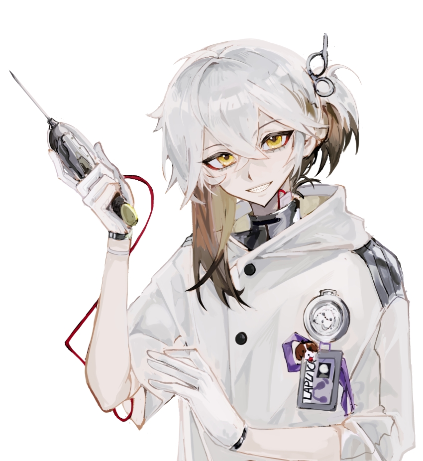 1other absurdres androgynous brown_hair coat colored_tips gloves grin gun hair_between_eyes handgun hands_up highres holding holding_gun holding_weapon id_card looking_at_viewer medicine_pocket medium_hair multicolored_hair ponytail reverse:1999 sangyu-feiwan sharp_teeth short_ponytail sleeves_pushed_up smile solo teeth upper_body weapon white_background white_coat white_gloves white_hair yellow_eyes
