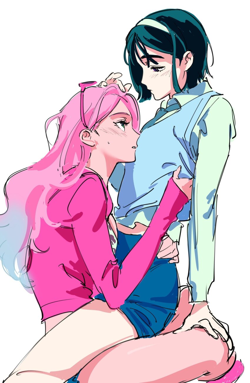 2girls absurdres alien_stage black_hair blue_hair blue_necktie blue_skirt blue_vest bob_cut commentary english_commentary eyewear_on_head gradient_hair green_eyes hairband hand_on_another&#039;s_head hand_on_another&#039;s_waist highres jacket long_hair mizi_(alien_stage) multicolored_hair multiple_girls necktie official_alternate_costume pink-framed_eyewear pink_jacket purple_eyes roru_(lol_dessin) shirt short_hair simple_background sitting sitting_on_lap sitting_on_person skirt sleeves_past_wrists sua_(alien_stage) sunglasses two-tone_hair unfinished vest white_background white_hairband white_shirt yuri