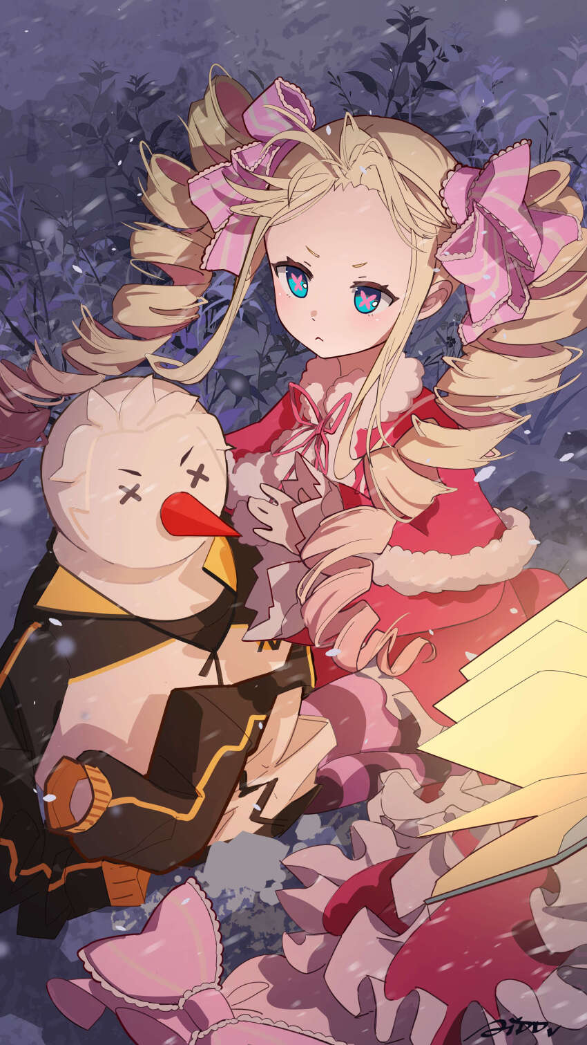 1girl absurdres ai_dongdong beatrice_(re:zero) blonde_hair bow butterfly-shaped_pupils capelet character_snowman closed_mouth dress drill_hair floating_hair forehead hair_bow highres long_hair long_sleeves looking_at_viewer multicolored_eyes outdoors pink_bow pink_capelet pink_dress pink_ribbon re:zero_kara_hajimeru_isekai_seikatsu ribbon symbol-shaped_pupils twin_drills twintails two-tone_eyes