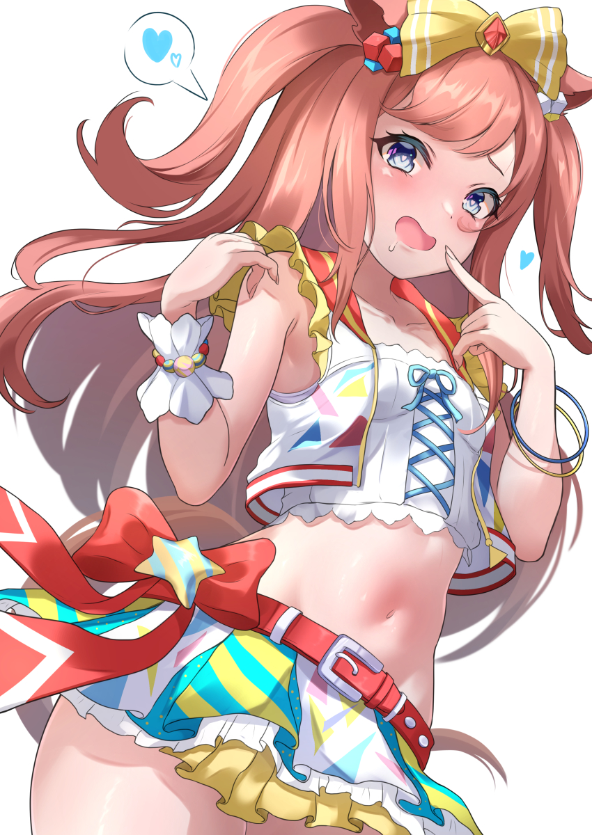 1girl absurdres agnes_digital_(umamusume) animal_ears armpits blue_eyes blush breasts commentary_request finger_to_mouth groin heart heart-shaped_pupils highres horse_ears horse_tail long_hair looking_at_viewer maimuu midriff navel open_mouth pink_hair pointing pointing_at_self saliva small_breasts solo spoken_heart symbol-shaped_pupils tail umamusume