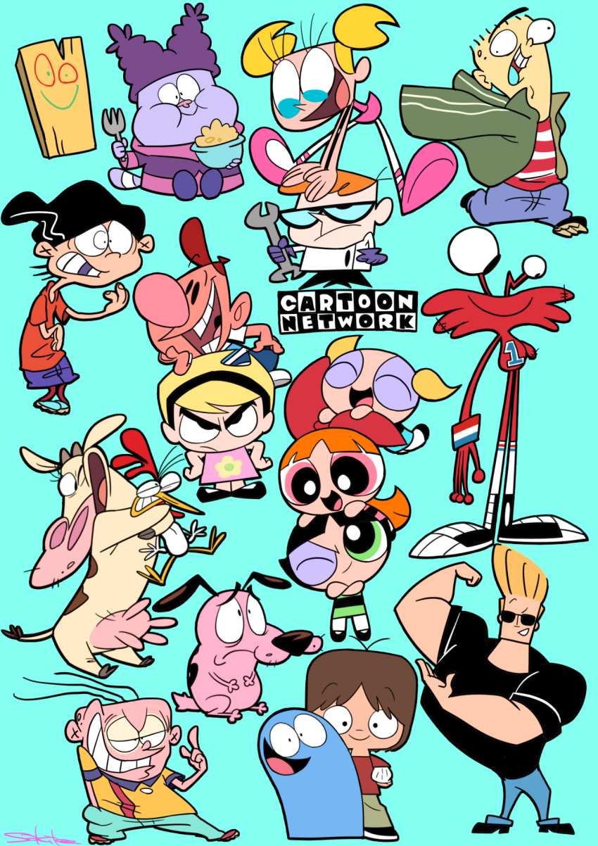 5girls 6+boys angry billy billy_(grim_adventures) bird black_hair black_hairband black_shirt blonde_hair blooregard_q_kazoo blossom_(ppg) blouse blu blu_(bluart_) blue_background blue_dress blue_eyes blue_pants bowl brown_hair bubbles_(ppg) buttercup_(ppg) cartoon_network chicken chicken_(character) chowder chowder_(character) chowder_(series) closed_eyes colored_skin courage_(character) courage_the_cowardly_dog cow cow_(character) cow_and_chicken crazy_eyes creature crossover dee_dee denim dexter&#039;s_laboratory dexter_(dexter&#039;s_laboratory) dog dress eating ed ed_edd_n_eddy edd eddy_(ed_edd_n_eddy) evil_smile eyelashes facing_viewer flexing flower_print food fork foster&#039;s_home_for_imaginary_friends frown full_body glasses gloves green_background green_dress green_eyes grin hair_ribbon hairband half-closed_eyes hand_in_pocket hands_on_own_hips hat highres holding hug jacket jeans johnny_bravo johnny_bravo_(character) jumping long_hair looking_at_another looking_at_viewer looking_to_the_side mac_(foster&#039;s) mandy_(grim_adventures) missing_tooth monster multiple_boys multiple_crossover multiple_girls muscular muscular_male nude orange_hair pants parted_bangs pigeon-toed pink_dress pink_eyes plank_(ed_edd_n_eddy) polo_shirt powerpuff_girls purple_gloves purple_skin red_ribbon ribbon running sakiko_(gekiama) scared shirt short_dress short_hair short_twintails siblings simple_background sitting smile standing sunglasses tail the_grim_adventures_of_billy_&amp;_mandy thick_eyebrows tools twintails udder wilt wrench wristband