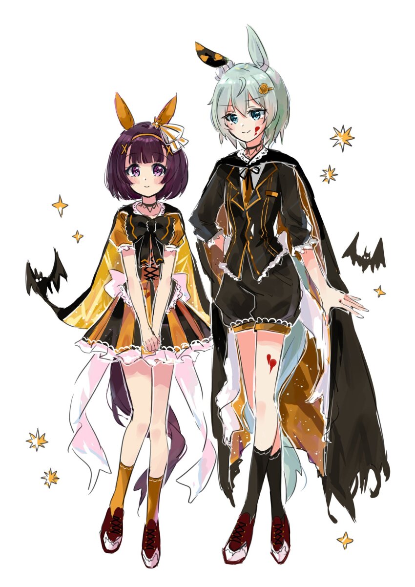 2girls animal_ears bat_(animal) black_cape black_choker black_dress black_socks blue_eyes blunt_bangs blush brown_hair cape choker closed_mouth dress ear_covers flower full_body grey_hair hair_between_eyes hair_flower hair_ornament hairband hairclip halloween halloween_costume highres horse_ears horse_girl horse_tail kneehighs looking_at_viewer morizu929 multiple_girls nishino_flower_(umamusume) orange_dress orange_hairband orange_socks purple_eyes seiun_sky_(umamusume) shoes short_hair short_sleeves single_ear_cover smile socks star_(symbol) sunflower sunflower_hair_ornament tail umamusume x_hair_ornament