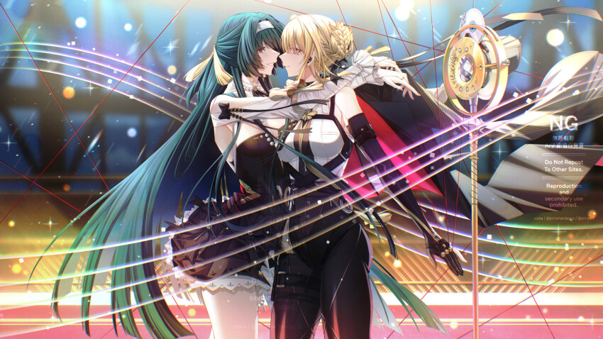 2girls arms_around_neck astra_yao astra_yao_(chandelier) black_dress black_hair black_pants blonde_hair braid braided_bun chest_harness commentary dress earrings english_commentary evelyn_chevalier hair_bun hair_ornament hairband harness highres jewelry long_hair microphone multiple_girls musical_staff pants shirt sieka_(piiroinardesco) sleeveless sleeveless_shirt smile strapless strapless_dress tassel tassel_hair_ornament tight_clothes tight_pants very_long_hair watermark white_hairband white_shirt zenless_zone_zero