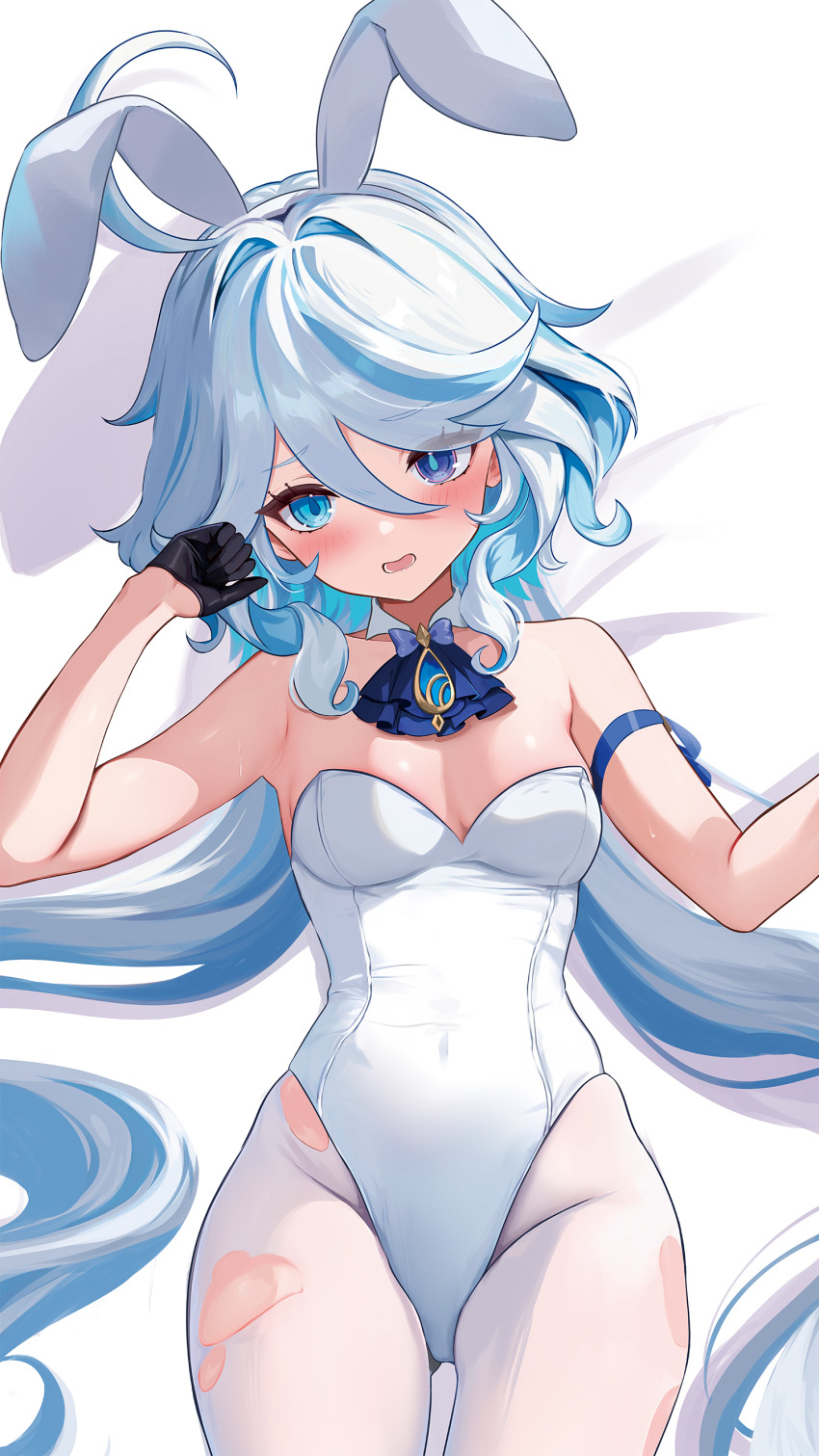 1girl absurdres alternate_costume animal_ear_hairband animal_ears arm_support asymmetrical_gloves black_gloves blue_eyes blue_hair breasts commentary_request drop-shaped_pupils fake_animal_ears furina_(genshin_impact) genshin_impact gloves hairband half_gloves heterochromia highres leotard long_hair looking_at_viewer lying medium_breasts merchandise_available mismatched_gloves on_back pantyhose playboy_bunny rabbit_ear_hairband rabbit_ears rrr_gns_(riuriu_1212) solo strapless strapless_leotard symbol-shaped_pupils torn_clothes torn_pantyhose wavy_hair white_background white_gloves white_leotard white_pantyhose