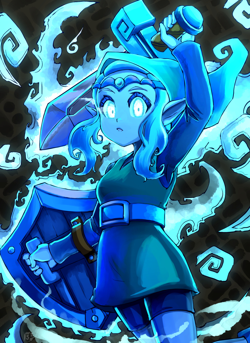 1girl absurdres alternate_eye_color alternate_hair_color aura bare_legs belt belt_buckle blue_eyes blue_footwear blue_gemstone blue_hat blue_shorts breasts buckle commentary cosplay dual_wielding english_commentary expressionless gem glowing glowing_eyes hat highres holding holding_shield holding_sword holding_weapon knee_up leg_up link link_(cosplay) long_sleeves looking_at_viewer nintendo official_alternate_costume pointy_ears princess_zelda shield shorts stoic_seraphim sword the_legend_of_zelda the_legend_of_zelda:_echoes_of_wisdom thighs tiara weapon