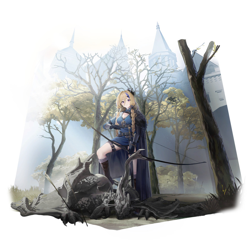 1girl arrow_(projectile) arrow_in_ground artist_request blonde_hair blue_dress blue_hair boots bow_(weapon) braid brown_boots castle cloak dragon dress forest fur-trimmed_cloak fur_trim game_cg girls&#039;_frontline girls&#039;_frontline_neural_cloud highres holding holding_bow_(weapon) holding_weapon hunting jewelry looking_at_viewer millau_(neural_cloud) nature necklace official_alternate_costume official_art purple_eyes smile solo standing_on_animal sword thigh_strap third-party_source tree weapon wyvern