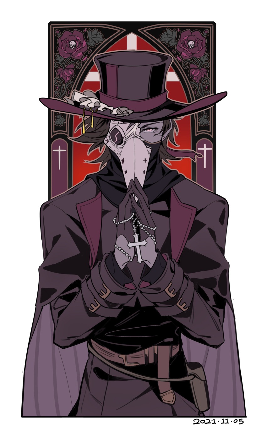 1boy absurdres alternate_costume arch belt belt_buckle belt_pouch black_cape black_gloves black_hat black_robe broken_mask brown_belt brown_hair buckle cape chinese_commentary commentary_request cookie_run cookie_run:_kingdom cowboy_shot cropped_legs cross cross_necklace cross_patonce dark-skinned_male dark_skin dated espresso_cookie flower gloves half_mask hat hat_ornament highres holding holding_jewelry holding_necklace humanization jewelry latin_cross leaf looking_at_viewer male_focus mask mouth_mask multicolored_hair necklace own_hands_together palms_together plague_doctor plague_doctor_mask pouch purple_flower purple_rose robe rose saka_wu_lu_ke_nanmin short_hair slit_pupils solo stained_glass straight-on streaked_hair top_hat white_background white_hair yellow_eyes