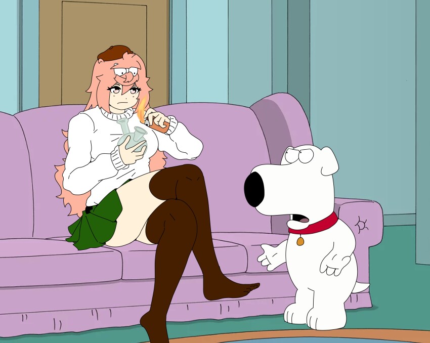 1boy 1girl absurdres ai-generated_art_(topic) archives.gokulism beret bong breasts brian_griffin brown_hat commentary cosplay dog dog_boy drugs english_commentary family_guy feet green_skirt hat highres holding holding_lighter indoors lighter long_hair miniskirt open_mouth peter_griffin peter_griffin_(ai-gen) peter_griffin_(cosplay) pink_hair skirt sweater toes white_dog white_sweater