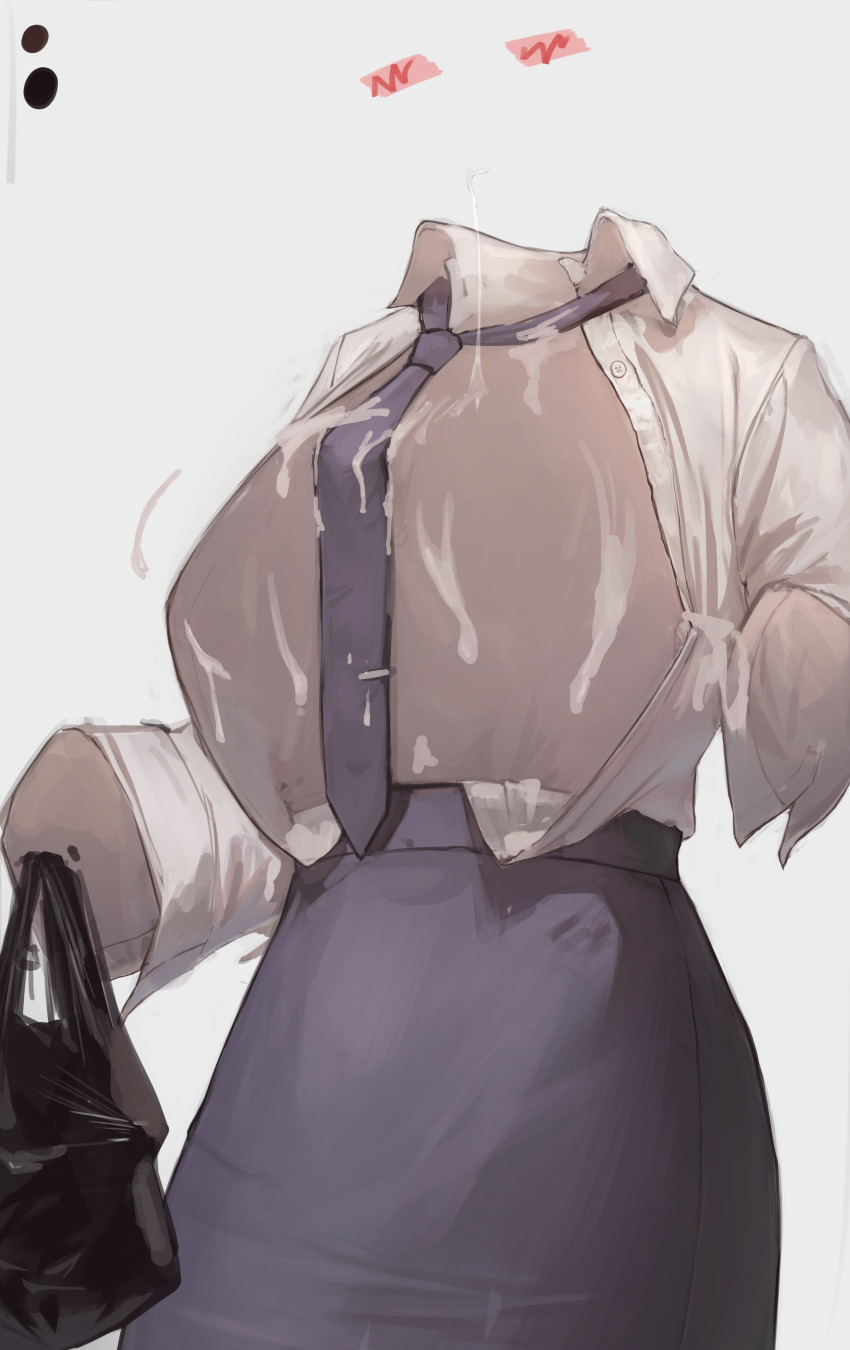 1girl absurdres black_bag blue_necktie blue_skirt blush breasts collared_shirt commentary_request cum cum_on_body cum_on_breasts cum_on_upper_body highres invisible korean_commentary necktie open_clothes open_shirt original quias shirt shirt_tucked_in simple_background skirt solo white_background white_shirt