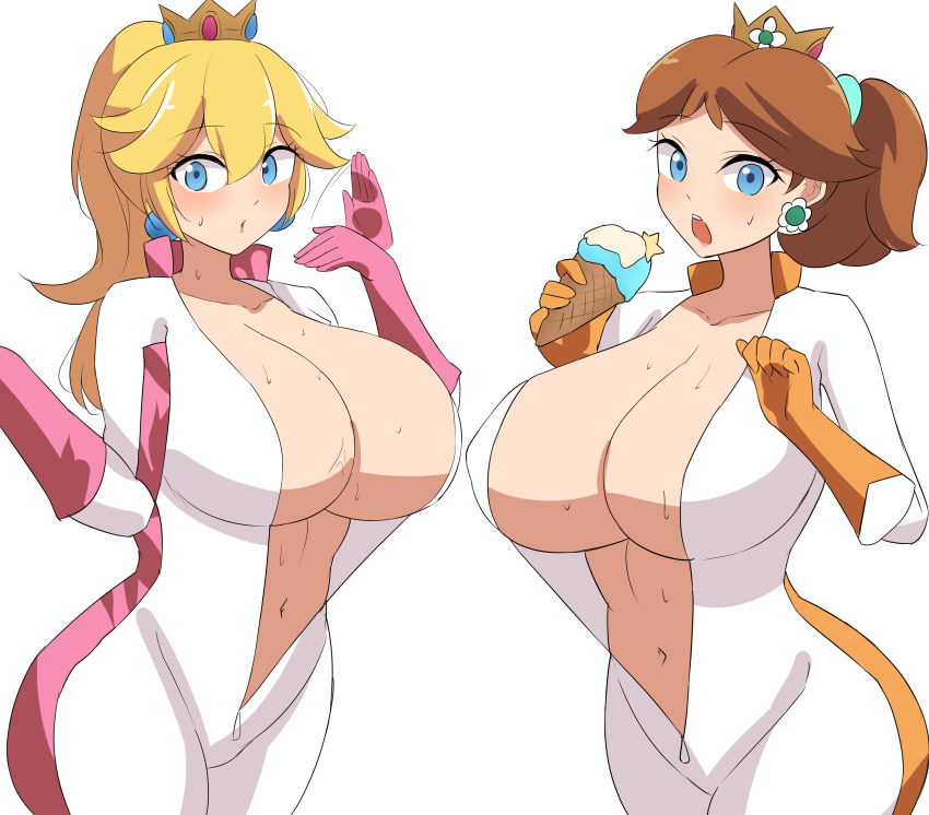 absurdres blonde_hair blue_eyes bodysuit breasts brown_hair collarbone crown earrings eating food highres ice_cream jewelry large_breasts looking_at_viewer mario_(series) mario_kart mario_kart_world mistynight navel nintendo ponytail princess_daisy princess_peach simple_background sweatdrop unzipped white_background