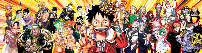 6+boys 6+girls :d :p akutami_gege andy_(undead_unluck) arlong artist_request ayakashi_triangle bellamy_(one_piece) benn_beckman black_clover black_hair blonde_hair boa_hancock boichi boku_no_hero_academia boku_to_roboco build_king candy character_request copyright_request crossover crown don_krieg dr._stone english_text everyone eyelashes food gaimon_(one_piece) gecko_moria genderswap genderswap_(mtf) green_hair grey_hair gun hair_ornament handgun happy hat headgear highres horikoshi_kouhei ishigami_senkuu itadori_yuuji jacket jujutsu_kaisen katana kazamaki_matsuri koumoto_hajime long_hair looking_at_another looking_at_viewer mash_burnedead mashle midoriya_izuku multiple_boys multiple_girls nico_robin nico_robin_(post-timeskip) nico_robin_(return_to_sabaody) oda_eiichirou official_art one_piece open_mouth pistol portgas_d._ace red_hair rifle roboco_(boku_to_roboco) sakamoto_days sanji_(one_piece) scar school_uniform short-sleeved_jacket short_hair short_sleeves smile smoker_(one_piece) source_request spiked_hair straw_hat sugar_(one_piece) sword tabata_yuuki tattoo tongue tongue_out tony_tony_chopper tozuka_yoshifumi tsutsui_taishi undead_unluck v weapon weekly_shounen_jump yabuki_kentarou
