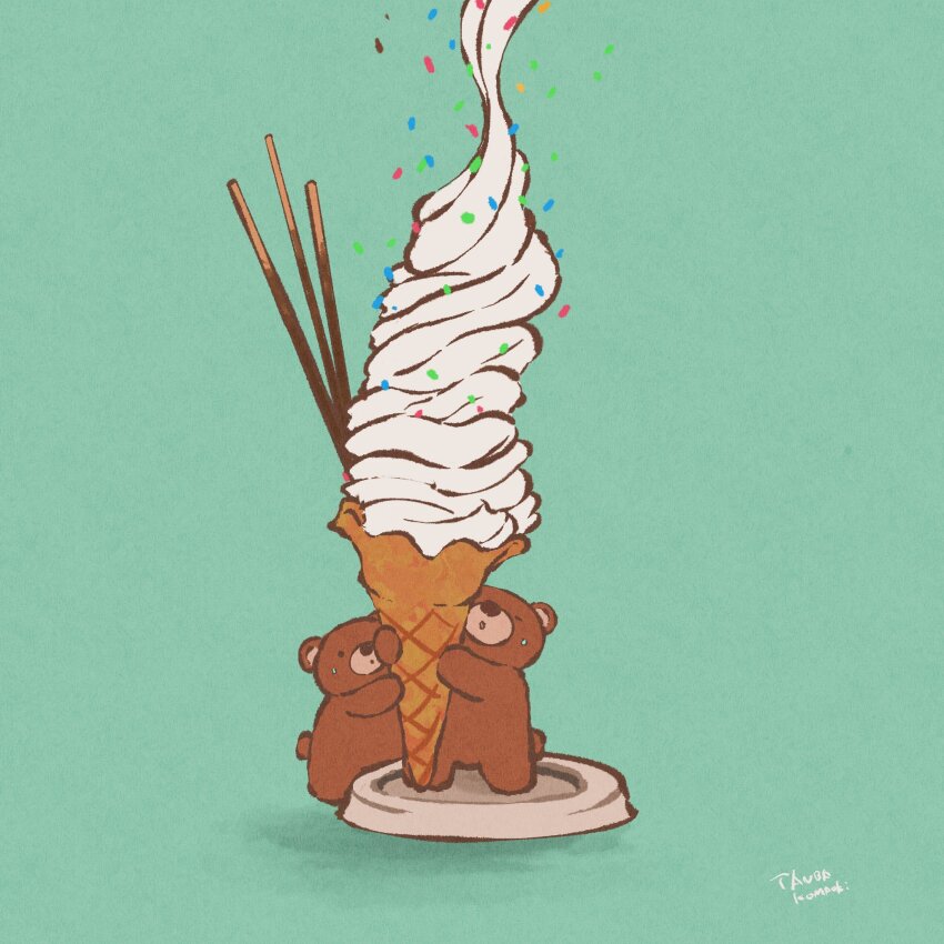 animal bear commentary english_commentary food food_focus green_background highres holding holding_food ice_cream ice_cream_cone minimized mitu_8181 original pocky signature simple_background sprinkles standing