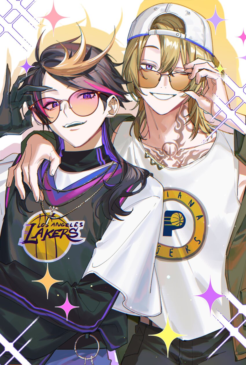 2boys absurdres adjusting_eyewear arm_around_neck backwards_hat baseball_cap basketball_jersey black_gloves black_hair black_shirt blonde_hair chest_tattoo collarbone crossdressing crossdressing_(mtf) drop_shadow fingernails gloves gold_necklace gradient-tinted_eyewear green_jacket grin hair_between_eyes hand_up hashtag-only_commentary hat highres indiana_pacers jacket jewelry kaohom503 layered_sleeves long_fingernails long_hair long_sleeves looking_at_viewer los_angeles_lakers luca_kaneshiro male_focus medium_hair multicolored_hair multiple_boys national_basketball_association neck_tattoo necklace nijisanji nijisanji_en one_eye_closed open_clothes open_jacket open_mouth orange-tinted_eyewear parted_bangs pink-tinted_eyewear pink_hair purple_eyes purple_hair sharp_fingernails shirt short_over_long_sleeves short_sleeves shu_yamino sleeveless sleeveless_shirt smile sparkle streaked_hair sunglasses swept_bangs tank_top tattoo teeth tinted_eyewear turtleneck upper_teeth_only virtual_youtuber white_background white_hat white_shirt white_tank_top