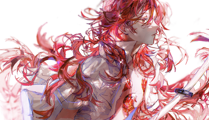 1other absurdres androgynous crystal_hair highres houseki_no_kuni long_hair oo6 open_clothes padparadscha_(houseki_no_kuni) red_eyes red_hair shirt solo very_long_hair wavy_hair