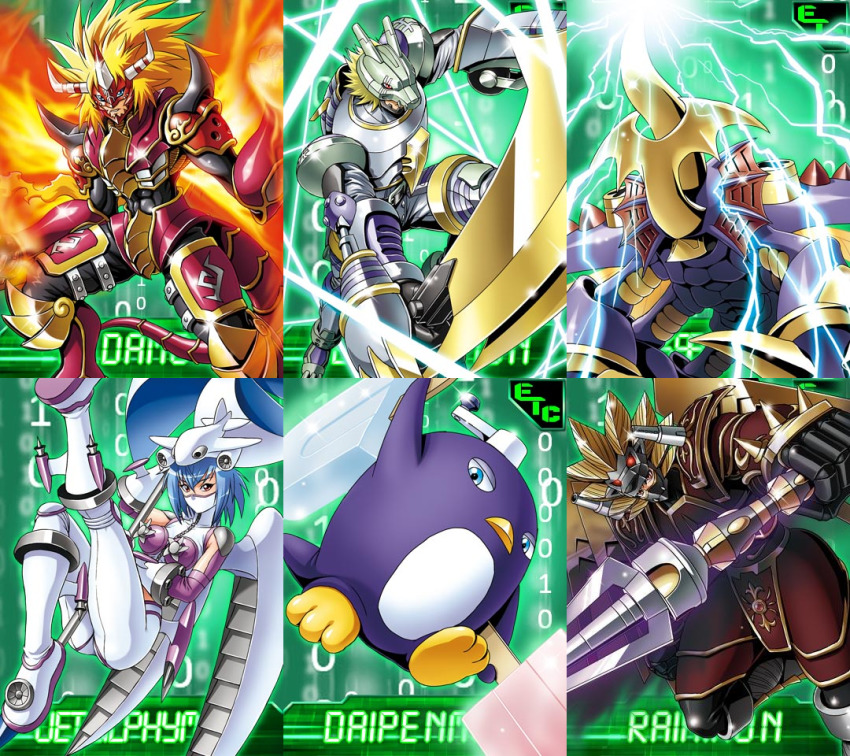 aldamon armor beowolfmon bird daipenmon digimon jetsilphymon lion official_art penguin raihimon rhinokabuterimon sword tail weapon windmill