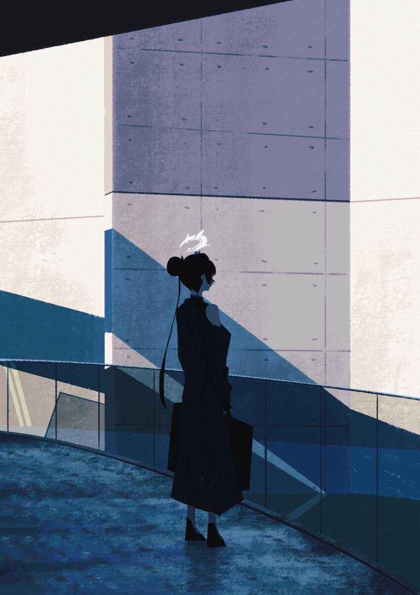 1girl absurdres black_dress black_footwear black_hair blue_archive briefcase double_bun dress facing_away from_behind hair_bun hair_ribbon halo highres holding holding_briefcase in_shadow kisaki_(blue_archive) railing ribbon sakutaro_(39ar_39ca) single_bare_shoulder standing