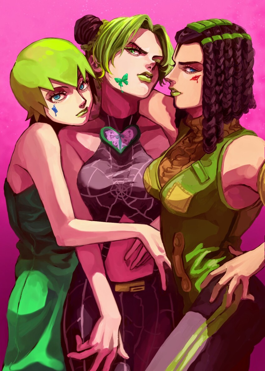 3girls aqua_eyes aqua_hair arm_on_another&#039;s_shoulder bare_shoulders black_hair black_pants blue_eyes blue_hair braid breasts bun_with_braided_base commentary curtained_hair double_bun dreadlocks ermes_costello eyelashes facial_mark foo_fighters_(jojo) forehead_tattoo green_eyes green_hair green_lips green_overalls green_vest hair_bun hand_on_another&#039;s_waist hand_on_own_hip hand_on_own_stomach head_tilt highres jojo_no_kimyou_na_bouken kuujou_jolyne looking_at_viewer looking_to_the_side medium_breasts medium_hair multicolored_hair multiple_girls navel overalls pants parted_bangs pink_background ribbed_sweater short_hair sleeveless sleeveless_sweater small_breasts spider_web_print stone_ocean sweater togusa_jj turtleneck turtleneck_sweater two-tone_hair vest yellow_sweater