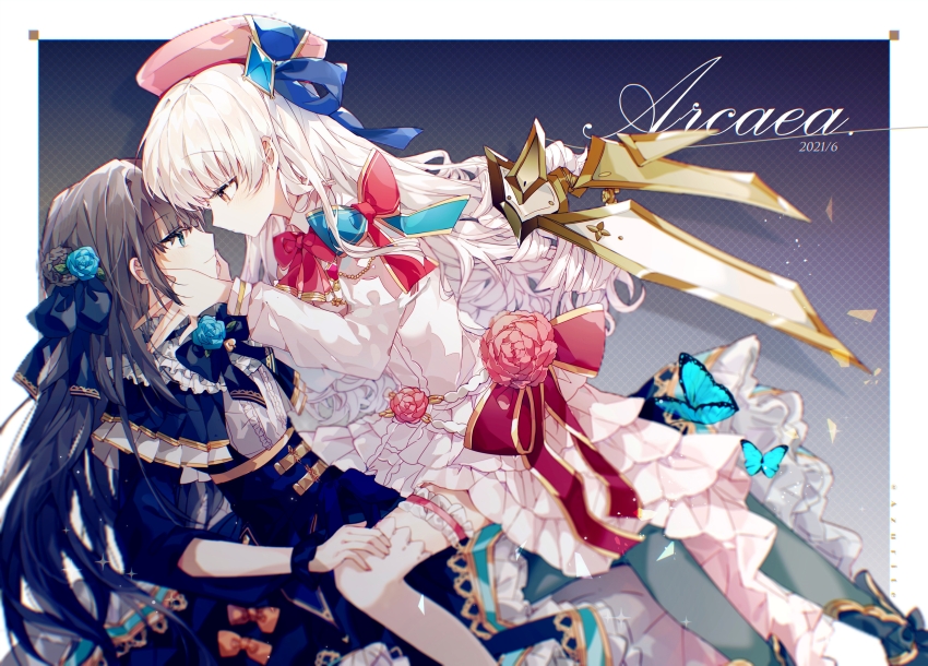2girls absurdres arcaea artist_name black_bow black_bowtie black_capelet black_hair black_ribbon black_skirt blue_butterfly blue_eyes blue_flower blue_gemstone blue_rose border bow bowtie brown_eyes bug butterfly capelet center_frills closed_mouth commentary_request copyright_name dated dress eye_contact flower frilled_thigh_strap frills gem gem_hat_ornament hair_flower hair_ornament hair_ribbon hand_on_another&#039;s_thigh hands_on_another&#039;s_cheeks hands_on_another&#039;s_face hat high-waist_skirt highres hikari_(arcaea) hikari_(fracture)_(arcaea) insect light_blush long_hair long_sleeves looking_at_another multiple_girls outside_border pink_flower pink_hat pleated_capelet profile red_bow red_bowtie ribbon rose shio_0585 shirt sitting sitting_on_lap sitting_on_person skirt tairitsu_(arcaea) tairitsu_(grievous_lady)_(arcaea) thigh_strap thighhighs three-quarter_sleeves white_border white_dress white_hair white_shirt white_thighhighs yuri