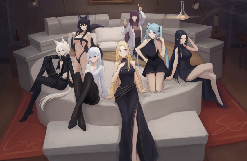 6+girls absurdres alpha_(kage_no_jitsuryokusha_ni_naritakute!) animal_ears bed bed_sheet beta_(kage_no_jitsuryokusha_ni_naritakute!) bikini black_dress black_hair black_jacket black_pants black_pantyhose blonde_hair blue_eyes blue_hair braid breasts brown_sweater cat_ears cat_tail ceiling_light chest_strap clenched_hands crossed_legs delta_(kage_no_jitsuryokusha_ni_naritakute!) double_v dress elf epsilon_(kage_no_jitsuryokusha_ni_naritakute!) eta_(kage_no_jitsuryokusha_ni_naritakute!) gamma_(kage_no_jitsuryokusha_ni_naritakute!) hair_between_eyes hand_in_own_hair hand_on_own_chest hand_on_own_hip highres indoors jacket kage_no_jitsuryokusha_ni_naritakute! kneeling kong_zhizen lab_coat large_breasts long_hair looking_at_viewer micro_bikini multiple_girls navel on_bed pants pantyhose paw_pose pillow pointy_ears purple_eyes purple_hair revealing_clothes round_bed rug shirt short_hair side_slit sitting small_breasts stomach sweater swimsuit tail twin_braids twintails v very_long_hair white_hair white_jacket white_shirt wolf_ears wolf_tail wooden_floor zeta_(kage_no_jitsuryokusha_ni_naritakute!)
