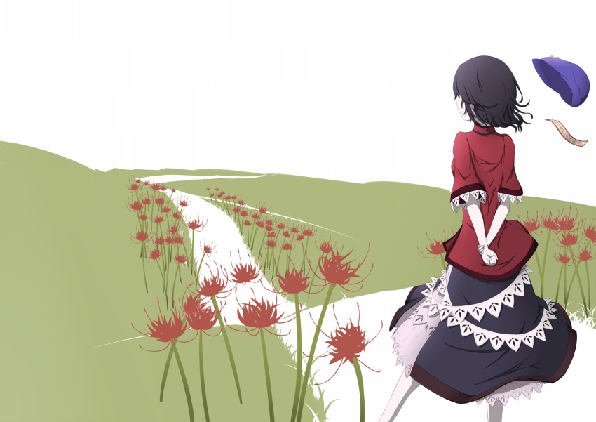 1girl arms_behind_back blue_hair chinese_clothes female_focus flat_color flower from_behind grass hat unworn_hat unworn_headwear high_collar highres horizon miyako_yoshika ofuda ofuda_removed pale_skin path road short_hair skirt sogabu_mikoto solo spider_lily touhou v_arms walking wind