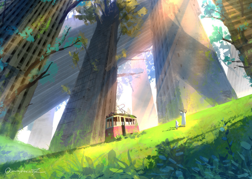 2others branch building cart collapsed commentary_request debris goat grass highres katou_oswaldo moss multiple_others original outdoors overgrown post-apocalypse rubble ruins scenery sky sunlight
