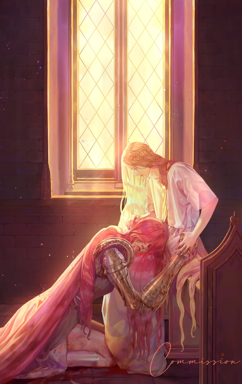 1boy 1girl absurdres architecture blonde_hair braid brother_and_sister cape commission elden_ring from_side gothic_architecture hair_over_eyes highres kneeling lap_pillow long_hair malenia_blade_of_miquella miquella_(elden_ring) multiple_braids onex111x parted_lips prosthesis prosthetic_arm prosthetic_leg red_cape red_hair siblings sitting tunic very_long_hair white_tunic window