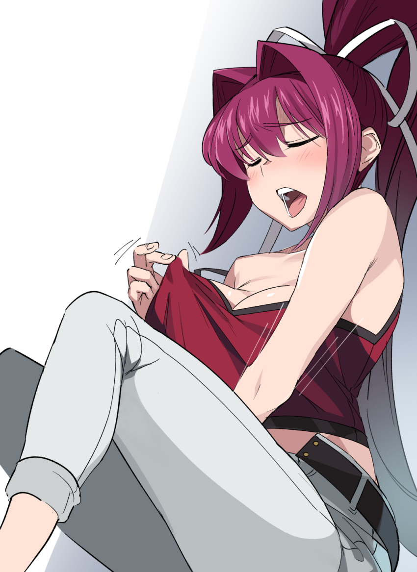 1girl bare_shoulders blush breasts cleavage closed_eyes commentary denim high_ponytail highres implied_fingering large_breasts legs masturbation moaning nipple_stimulation nipple_tweak open_mouth pants ponytail purple_hair red_tank_top simple_background sitting solo tank_top teeth thighs tongue touniyuu under_night_in-birth white_pants yuzuriha_(under_night_in-birth)