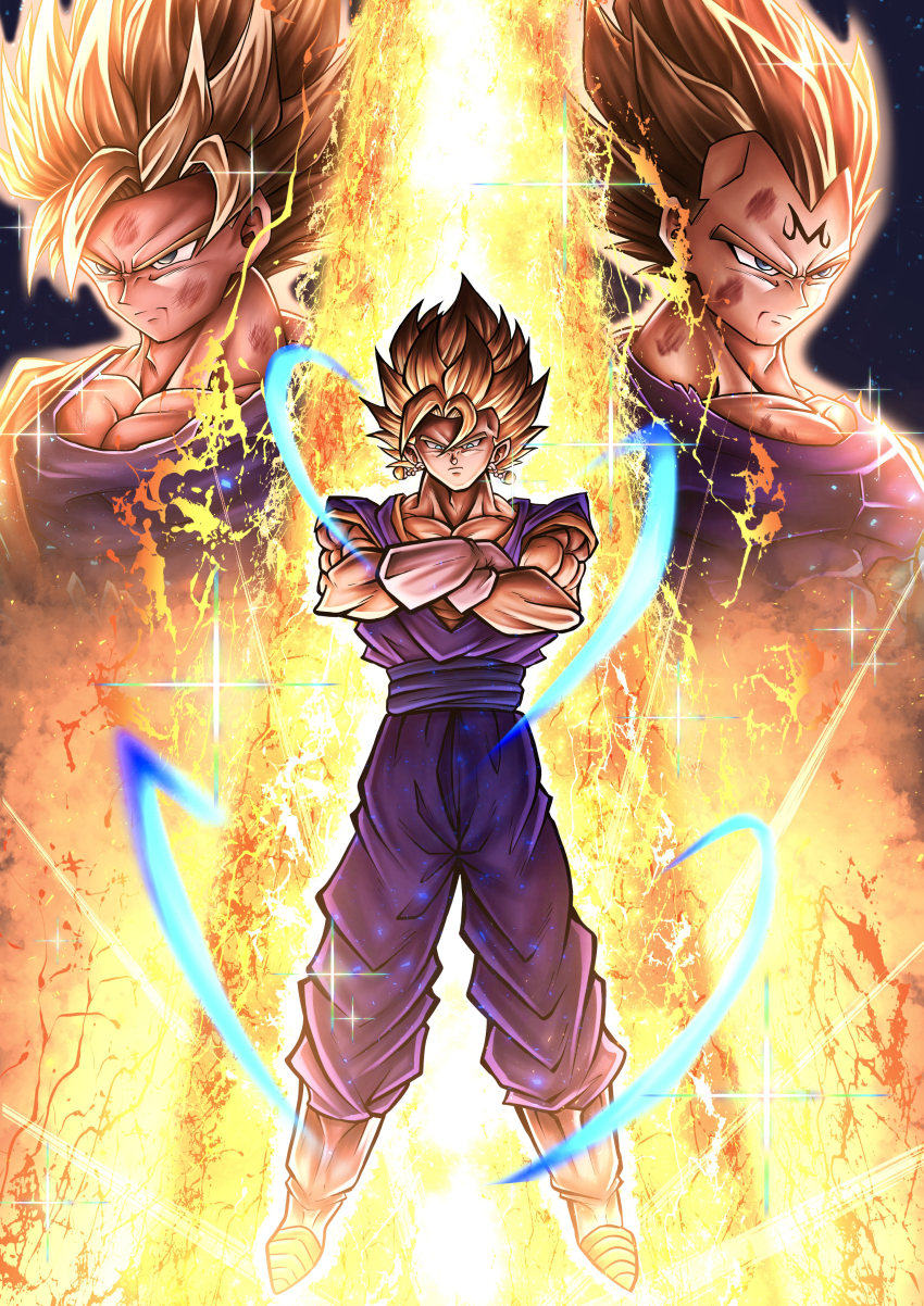 3boys absurdres aura blonde_hair blue_bodysuit blue_pants blue_shirt bodysuit commentary_request crossed_arms dougi dragon_ball dragonball_z earrings full_body green_eyes highres jewelry majin_vegeta male_focus medium_hair multiple_boys muscular muscular_male orange_shirt pants potara_earrings shirt short_sleeves sleeveless sleeveless_shirt son_goku spiked_hair star_(sky) starry_sky_background super_saiyan super_saiyan_1 super_saiyan_2 upper_body user_djmm3782 vegeta vegetto