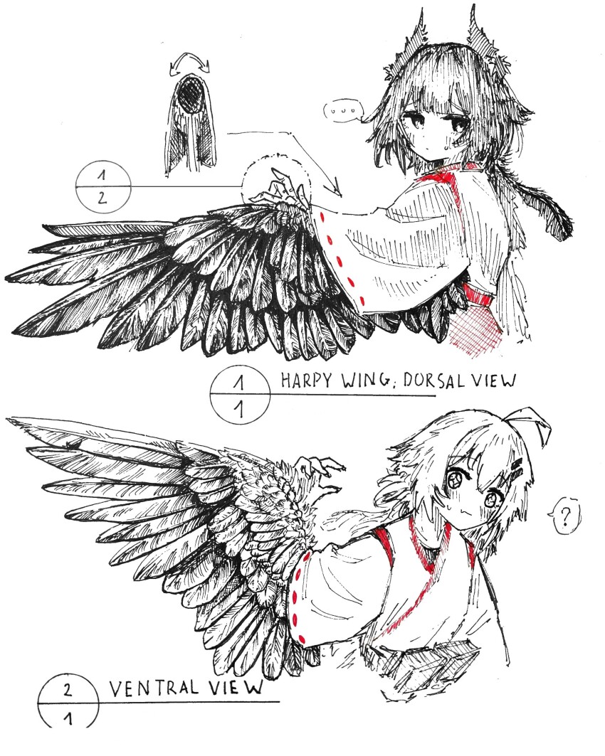 ... 2girls ? absurdres ahoge ammunition_pouch animal_hands arrow_(symbol) bird_wings blush claws closed_mouth commentary cropped_torso crosshatching english_commentary english_text fang hair_ornament hairclip hakama hakama_skirt harpy hatching_(texture) highres japanese_clothes linear_hatching looking_at_viewer miko monster_girl multiple_girls original partially_colored pouch red_hakama reference_sheet shiokaze1409 short_hair simple_background sketch skin_fang skirt small_sweatdrop speech_bubble spoken_ellipsis spoken_question_mark star-shaped_pupils star_(symbol) symbol-shaped_pupils white_background wings