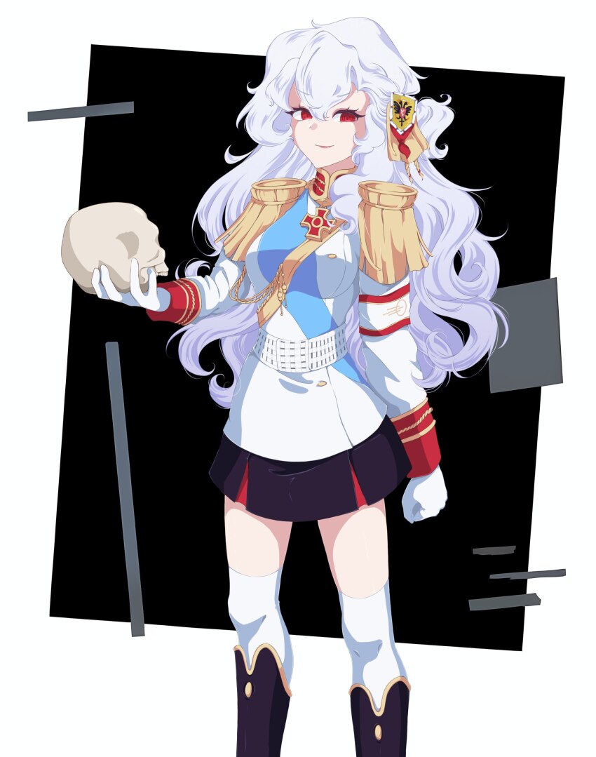 1girl absurdres alpha_(alpha_1918) armband artist_request black_footwear boots clenched_hand collar creepy_eyes cross cross_pendant epaulettes fluffy fluffy_hair gloves hair_ornament half-closed_eyes highres holding holding_skull knees lips long_hair looking_at_viewer military military_uniform miniskirt red_eyes russian_empire skirt skull smile sputnik_and_pogrom thighhighs thighs white_gloves white_hair zettai_ryouiki