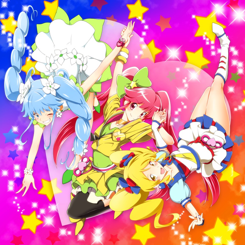 10s 3girls absurdres aino_megumi alternate_form blonde_hair blue_eyes blue_hair boots bow brooch cure_honey cure_honey_(popcorn_cheer) cure_lovely cure_lovely_(lollipop_hip_hop) cure_princess cure_princess_(macadamia_hula_dance) earrings flower flower_earrings full_body grin hair_bow hair_flower hair_ornament happinesscharge_precure! heart heart_brooch heart_earrings highres holding_hands jewelry knee_boots long_hair magical_girl md5_mismatch multicolored_background multiple_girls one_eye_closed oomori_yuuko pink_eyes pink_hair precure shirayuki_hime shirt skirt smile sparkle star_(symbol) star_symbol_background thighhighs twintails upside-down waist_bow wink yellow_eyes yuto_(dialique)