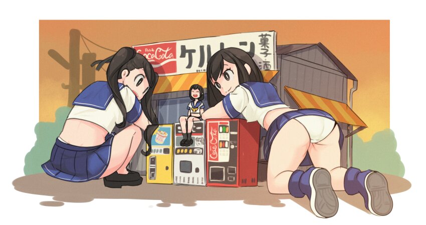 1girl absurdres ankle_socks ass blue_serafuku brown_eyes brown_hair giant giantess highres kneeling long_hair midriff okera original outdoors panties pleated_skirt sailor_collar school_uniform serafuku shoes shop short_hair shouwa sitting skirt socks squatting twintails underwear vending_machine