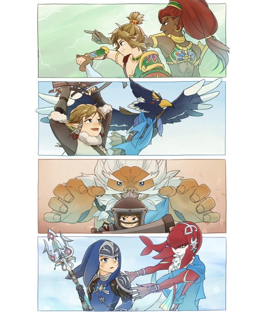 2girls 3boys 4koma :d armor arms_up bare_shoulders blonde_hair blue_eyes blue_gloves blue_headwear blue_shirt blush_stickers breasts brown_gloves colored_skin comic daruk desert_voe_set_(zelda) earrings fingerless_gloves from_side gerudo gloves grey_hair hair_ribbon helmet highres holding holding_polearm holding_sword holding_weapon hoop_earrings jewelry link long_hair looking_at_another maya_(mayamayammy) mipha multicolored_skin multiple_boys multiple_girls nintendo official_alternate_costume open_mouth orange_skin pointing pointing_forward pointy_ears polearm ponytail profile red_hair red_skin revali ribbon shirt short_hair shoulder_plates single_bare_shoulder small_breasts smile snowquill_set_(zelda) sword the_legend_of_zelda the_legend_of_zelda:_breath_of_the_wild tress_ribbon two-tone_skin upper_body urbosa weapon wings zora zora_set_(zelda)