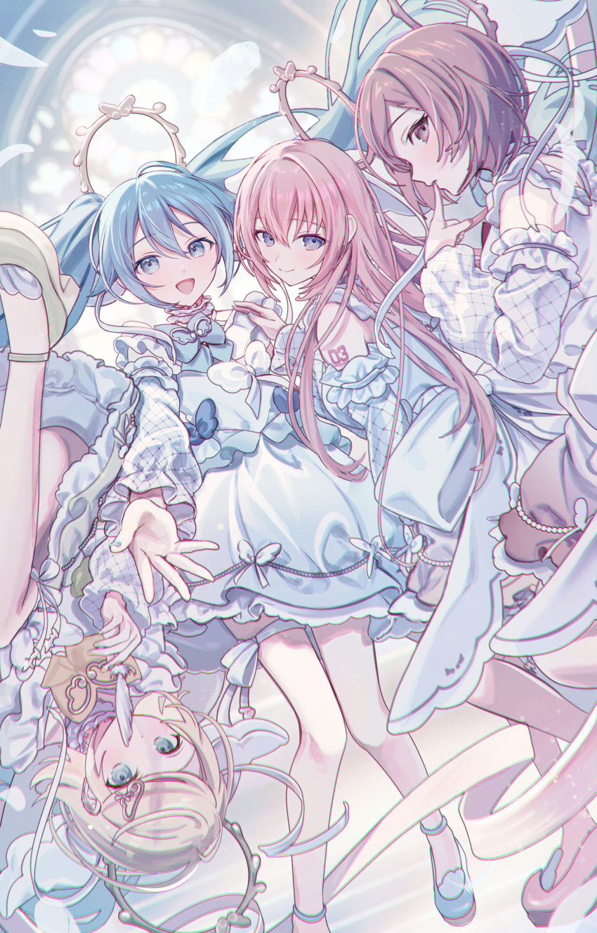 4girls absurdres aqua_eyes aqua_hair blonde_hair blue_eyes blush bow brown_hair commentary_request detached_sleeves dress eyelashes hair_between_eyes hair_bow hair_ornament hairclip halo hatsune_miku highres kagamine_rin long_hair looking_at_viewer megurine_luka meiko_(vocaloid) multiple_girls open_mouth pale_color pink_hair project_sekai ribbon short_hair shoulder_tattoo skirt sleeveless smile tattoo thigh_strap twintails very_long_hair vocaloid vs0mr