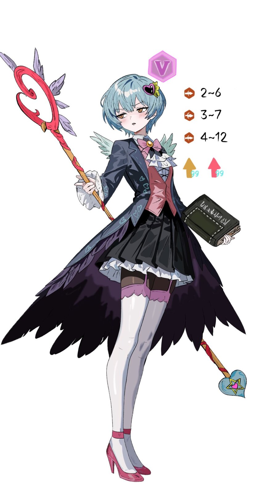 1girl 218_(niiya) angela_(project_moon) black_pantyhose black_skirt blue_coat book bow bowtie coat commentary_request e.g.o_(project_moon) feathered_wings frills full_body garter_straps hair_ornament heart heart_hair_ornament high_heels highres holding holding_book holding_staff in_the_name_of_love_and_hate_(e.g.o) library_of_ruina long_sleeves open_clothes open_coat pantyhose pink_shoes pleated_skirt project_moon shirt shoes short_hair simple_background skirt solo staff thighhighs vest white_background white_thighhighs wings