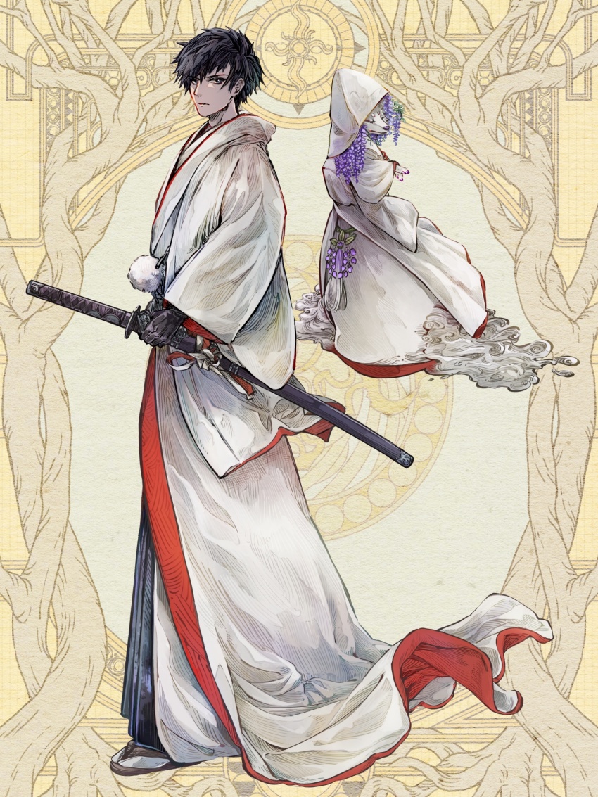 1boy angora_hamasaki animal back-to-back black_eyes black_gloves black_hair black_hakama bride closed_mouth clothed_animal dairoku_ryouhei floating flower flower_in_clothes flower_ornament fox from_side full_body gloves groom hakama haori haori_himo highres holding holding_sword holding_weapon hooded_kimono jacket japanese_clothes katana kimono long_sleeves looking_at_viewer looking_to_the_side male_focus open_clothes open_jacket purple_flower sandals serious sheath sheathed shiromuku short_hair solo spirit standing swept_bangs sword tabi uchikake wataboushi weapon white_jacket white_kimono wisteria yellow_background zouri
