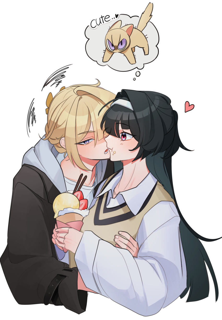2girls absurdres animalization astra_yao black_hair black_jacket blonde_hair closed_mouth collared_shirt commentary crepe evelyn_chevalier food food_on_face hair_bun hair_intakes hairband heart highres holding holding_crepe holding_food hug jacket long_sleeves mizmizu27 multiple_girls open_mouth purple_eyes shirt simple_background speech_bubble sweater_vest symbol-only_commentary thought_bubble white_background white_hairband white_shirt yellow_sweater_vest yuri zenless_zone_zero