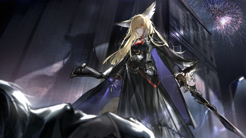 1girl animal_ears arknights black_jacket blonde_hair closed_mouth fox_ears fox_girl fox_tail game_cg highres holding holding_sword holding_weapon jacket long_hair long_sleeves non-web_source notched_ear orange_eyes solo sword tail vulpisfoglia_(arknights) weapon