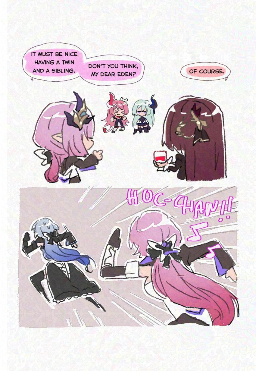 5girls black_dress blue_hair brown_hair cape chibi crae_(craeyone) cup dress drinking_glass eden_(honkai_impact) elf elysia_(honkai_impact) elysia_(miss_pink_elf)_(honkai_impact) english_text herrscher_of_corruption highres holding holding_cup honkai_(series) honkai_impact_3rd horns liliya_olenyeva long_hair multiple_girls musical_note pink_hair pointy_ears rozaliya_olenyeva running short_hair siblings simple_background single_horn sisters speech_bubble white_background wine_glass