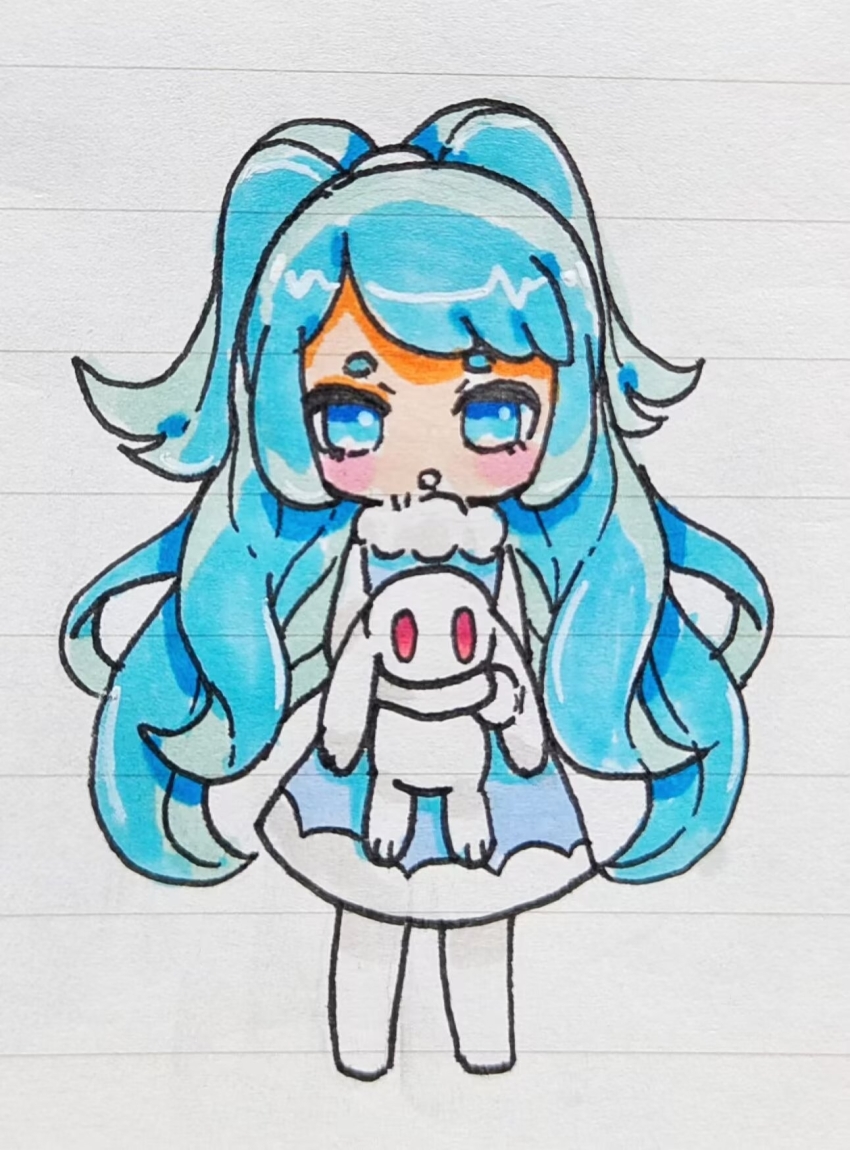 1girl :o animal blue_dress blue_eyes blue_hair blush blush_stickers chibi doll dress full_body hatsune_miku highres holding holding_animal jingyier long_hair looking_at_viewer pantyhose rabbit rabbit_yukine red_eyes roco_kingdom roco_kingdom:world simple_background standing traditional_media very_long_hair white_background xueying_wawa_(roco_kingdom:world)