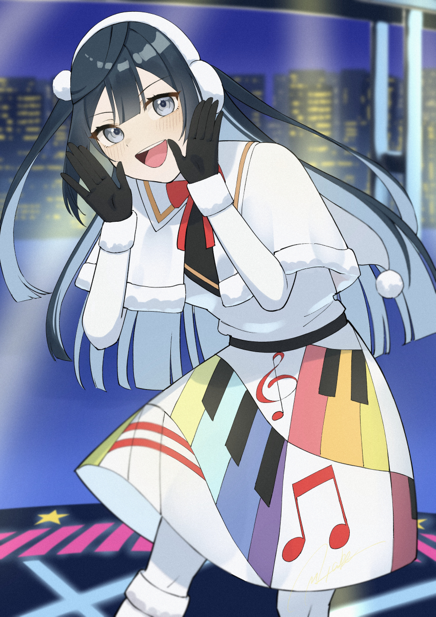 1girl absurdres black_gloves black_hair capelet colorful_dreams!_colorful_smiles!_(love_live!) commentary_request dress earmuffs gloves grey_eyes hands_up highres leaning long_hair long_sleeves looking_at_viewer love_live! love_live!_nijigasaki_high_school_idol_club masami_atabe one_side_up open_mouth piano_print solo standing upper_body white_capelet white_dress yuki_setsuna