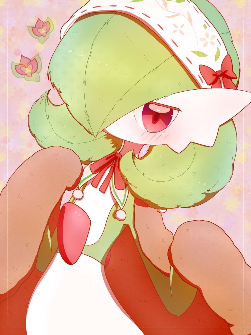 blanket blush bob_cut bow colored_skin gardevoir gen_3_pokemon green_hair green_skin hair_over_one_eye hairband highres holding holding_blanket looking_at_viewer multicolored_skin nintendo pink_bow pink_eyes pokemon pokemon_(creature) two-tone_skin white_skin yuri_(fl0werspace)