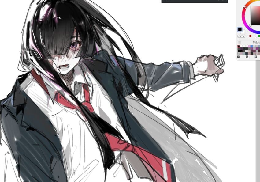 1other black_coat black_hair coat collared_shirt hair_over_one_eye jingshenhuanghu lcb_uniform_(project_moon) limbus_company long_hair long_sleeves looking_at_viewer necktie original project_moon red_necktie shirt simple_background solo very_long_hair white_background white_shirt